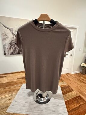 A New Day Crew Neck Short Sleeve Shirt - Ribbed, Taupe, Women’s Large